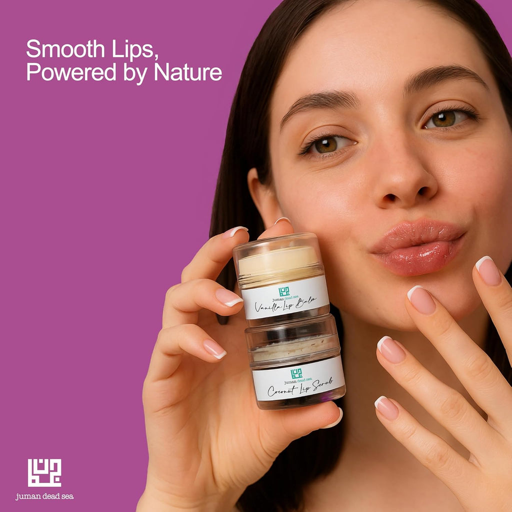 Juman Dead Sea Minerals Lip Scrub & Balm Set | Lip Exfoliator Scrub & Moisturizing Lip Balm | Vanilla & Coconut | Hydrates & Protects | With Essential Oils | Vegan | SLS & Paraben-Free