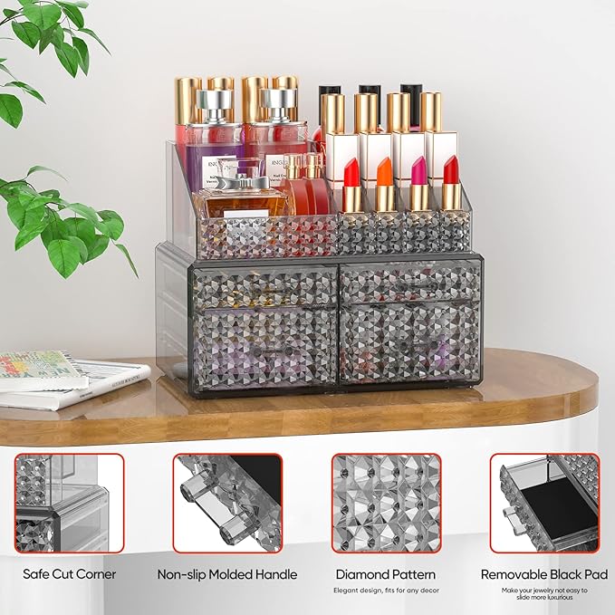 2 Pack Stackable Makeup Organizer with Drawers[Upgraded]-Acrylic Make up Organizers and Storage Case for Cosmetics,Brush,Perfume,Jewelry Display, Vanity and Bathroom Accessories