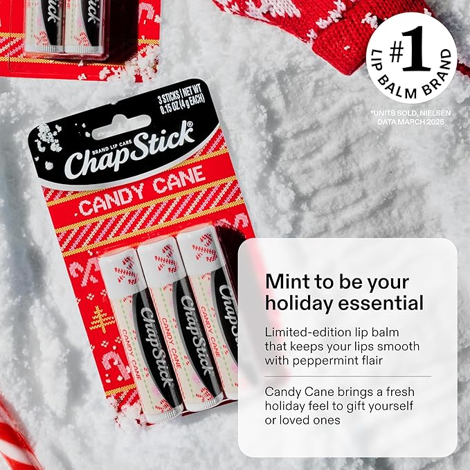 ChapStick Lip Balm, Holiday Variety Packs (6 Sticks) – Candy Cane, Sips & Snuggles Flavored Lip Moisturizers, Stocking Stuffers, Gifts, 0.15 Oz Ea