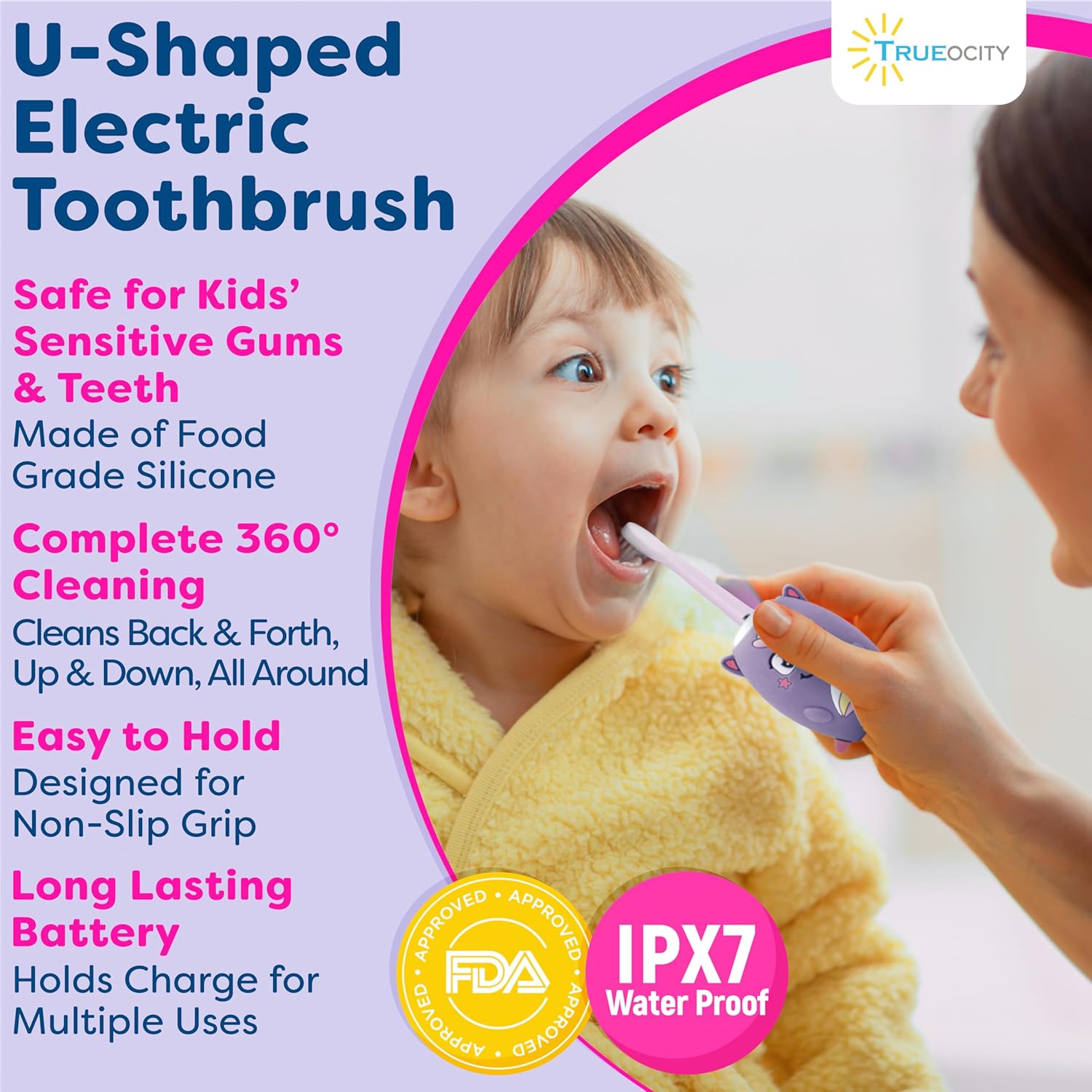 Trueocity Kids U Shape Toothbrush Auto Electric Toddler Rechargeable Kids Automatic Toothbrush | 360° U-Shaped Silicone Brush Head | Gentle Cleaning for Ages 2–7 | Unicorn Design (Purple)