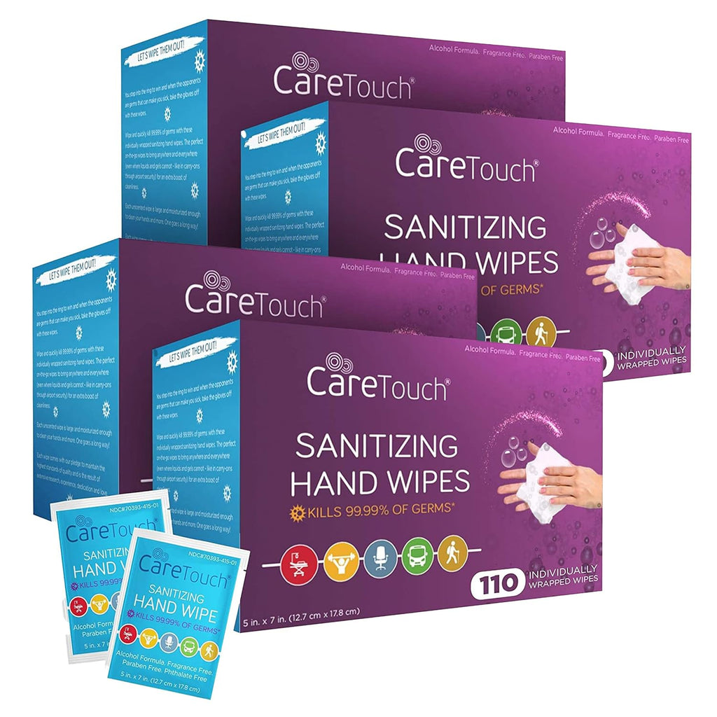 Care Touch Hand Sanitizer Wipes – 440 Individually Wrapped Packets (Box of 4, 110 Wipes Each)