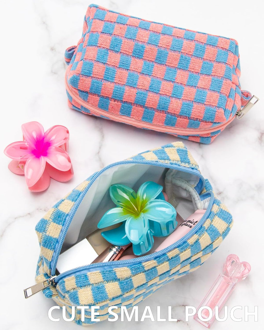 PAZIMIIK 2PCS Checkered Makeup Bag for Purse Portable Zipper Make Up Pouch Small Cosmetic Case for Travel Accessories Blue Beige