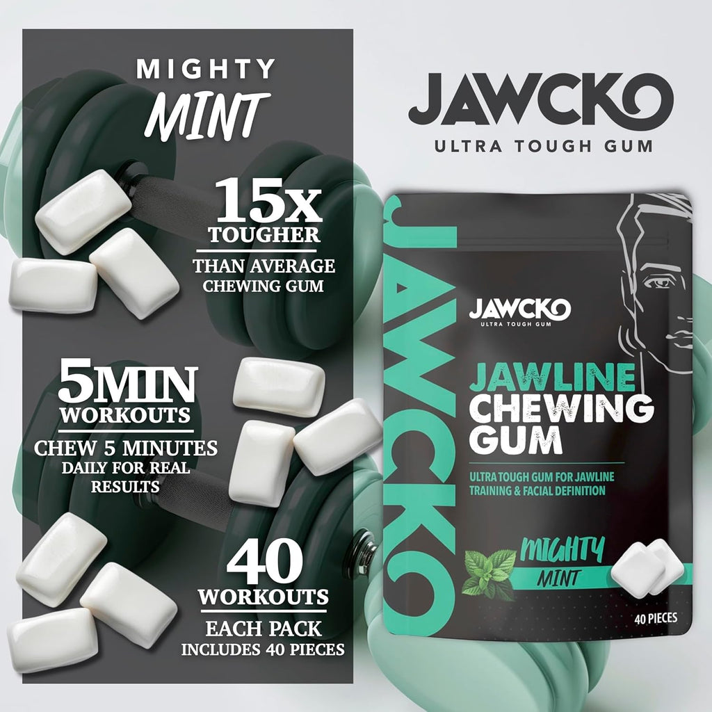 JAWCKO Ultra-tough Jawline Chewing Gum | Get a Stronger, Squarer Jawline | Mighty Mint Jaw Training Hard Gum | Chisel, Sculpt, Tone your Jaw | 15X Hardness | Facial Fitness Mewing Gum | 40 Pieces/Pack