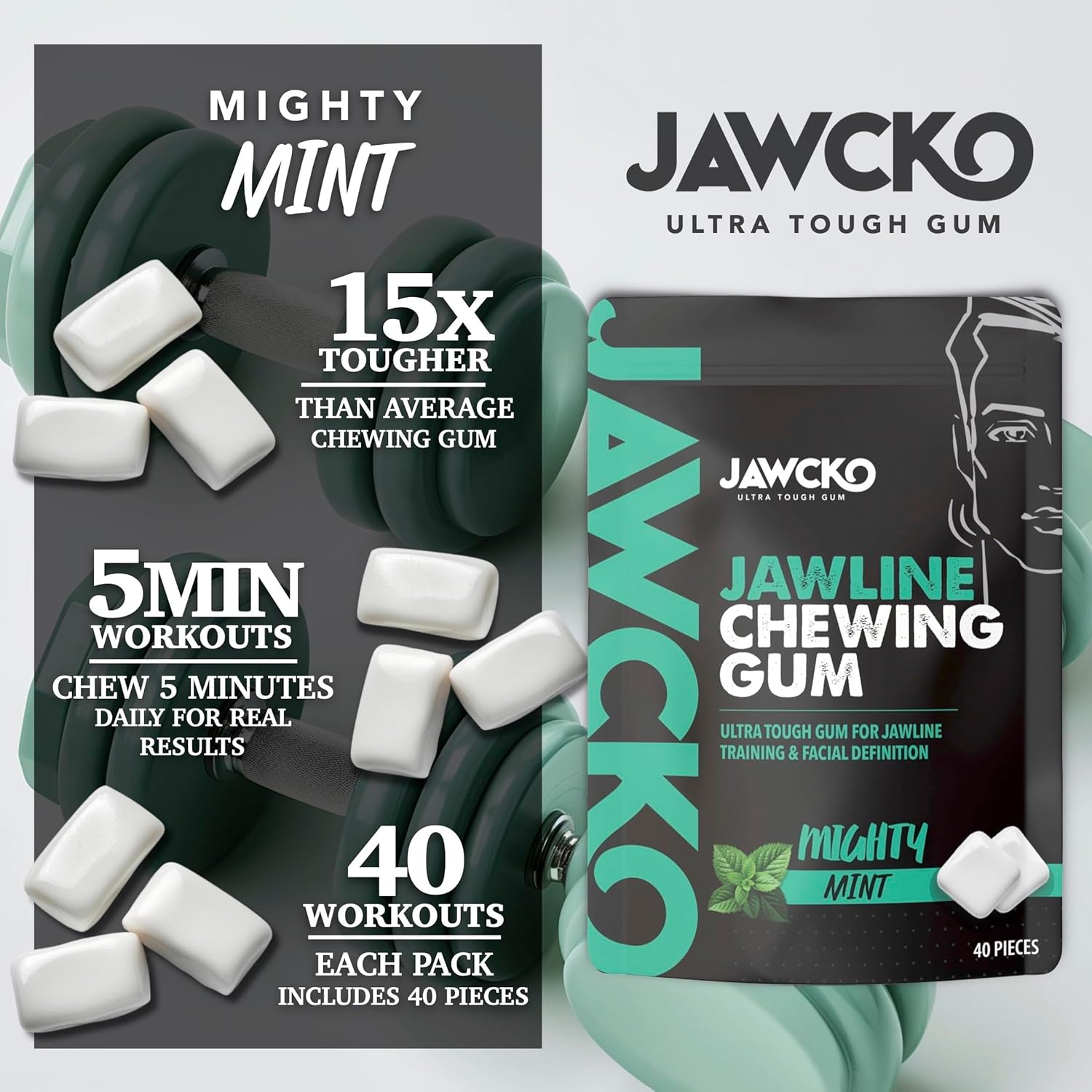 JAWCKO Ultra-tough Jawline Chewing Gum | Get a Stronger, Squarer Jawline | Mighty Mint Jaw Training Hard Gum | Chisel, Sculpt, Tone your Jaw | 15X Hardness | Facial Fitness Mewing Gum | 40 Pieces/Pack