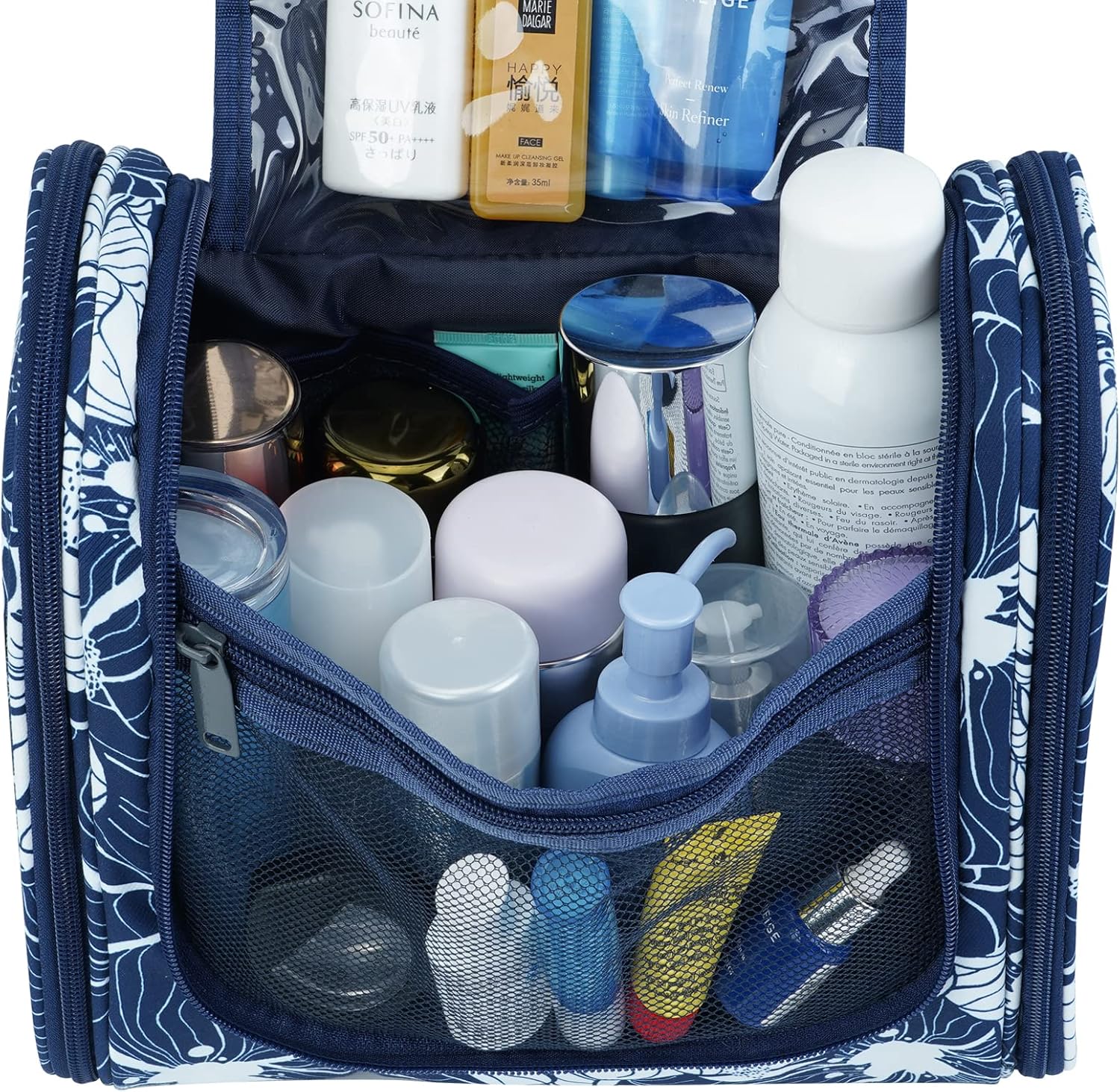 Narwey Hanging Toiletry Bag for Women Travel Makeup Bag Organizer Toiletries Bag for Cosmetics Essentials Accessories (Large, Blue Lotus)