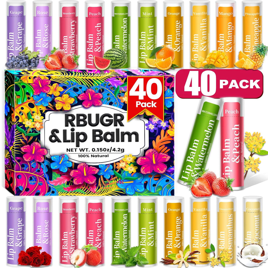 40 Pack of Lip Balm, 12 Flavored Lip Balm in Bulk Natural Lip Balms Set, Beeswax Moisturising & Soothing Lip Balms Bulk Gifts for Women Stocking Stuffers Party Favors(4.2g/0.15oz)
