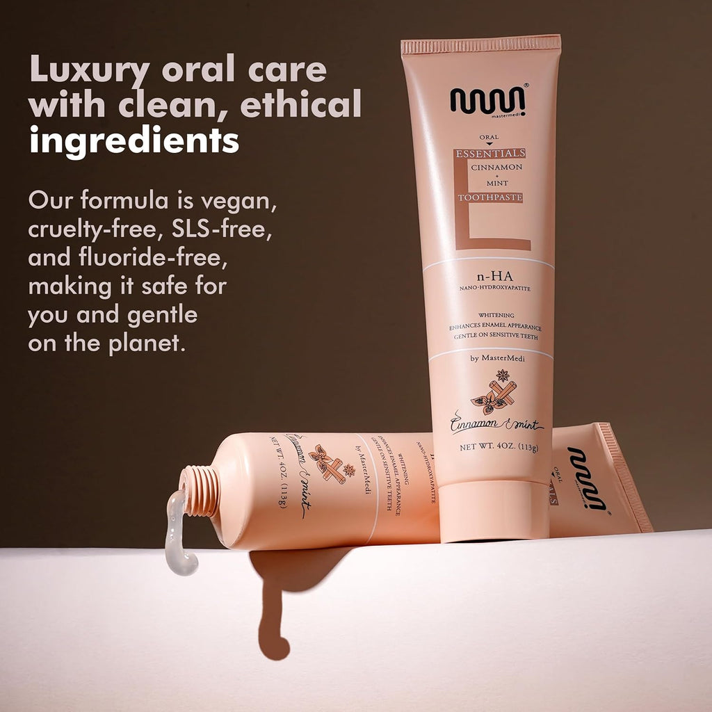 MasterMedi Nano Hydroxyapatite Toothpaste (Inspired by 10% nHA Formulas), Fluoride-Free, Whitening & Sensitivity Relief, Enamel Repair Support, SLS-Free, Xylitol, Mint & Cinnamon 4 Oz (Pack of 3)