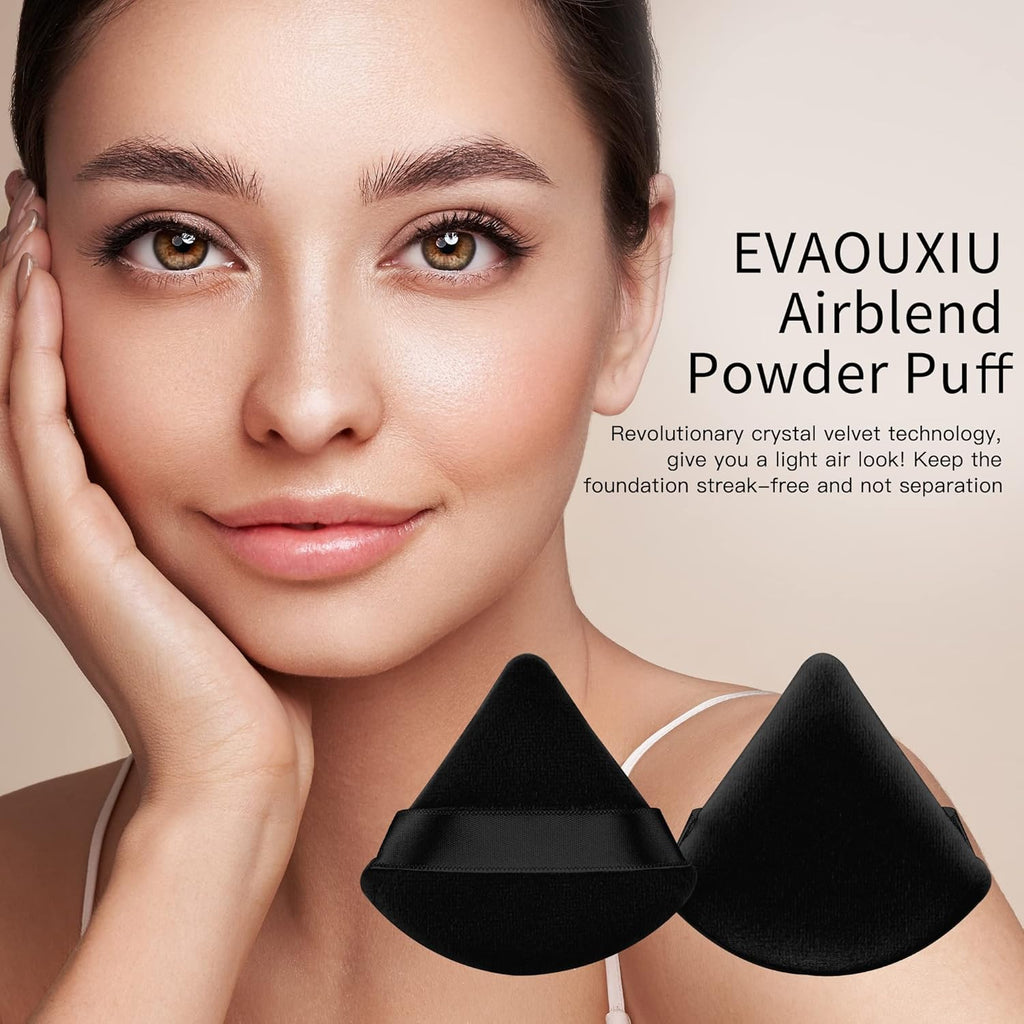 2 Pcs EVAOUXIU Triangle Powder Puff for Face Powder, Soft Plush Setting Powder Puff, Velour Cosmetic Foundation Blender Sponge Beauty Makeup Tools (Black)