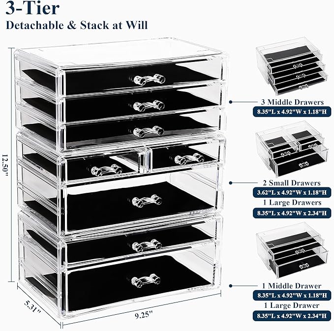 Sea Team 3-Tier Stackable Clear Makeup Organizer with Drawers, Acrylic Plastic Cosmetic Display Case, Jewelry Storage Box, Holder for Dresser, Bathroom, Vanity, Countertop (8 Drawers)