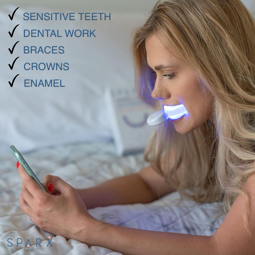SPARX Wireless Teeth Whitening Kit with LED Light for Sensitive Teeth Remove Stains Like Coffee, Smoking, Wine. Whiten Smile for Long Lasting Results, Includes 3 Gel Syringes, 1 Dual LED Mouthpiece