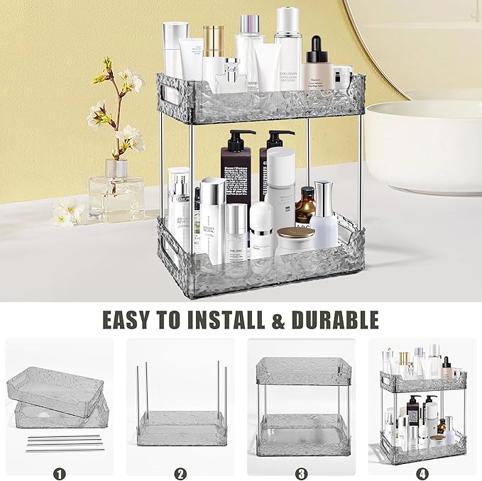 2-Tier Bathroom Counter Organizer Countertop Storage, Dresser Organizer Vanity Tray for Makeup, Perfume Organizer Cosmetics Skincare Shelf - Grey