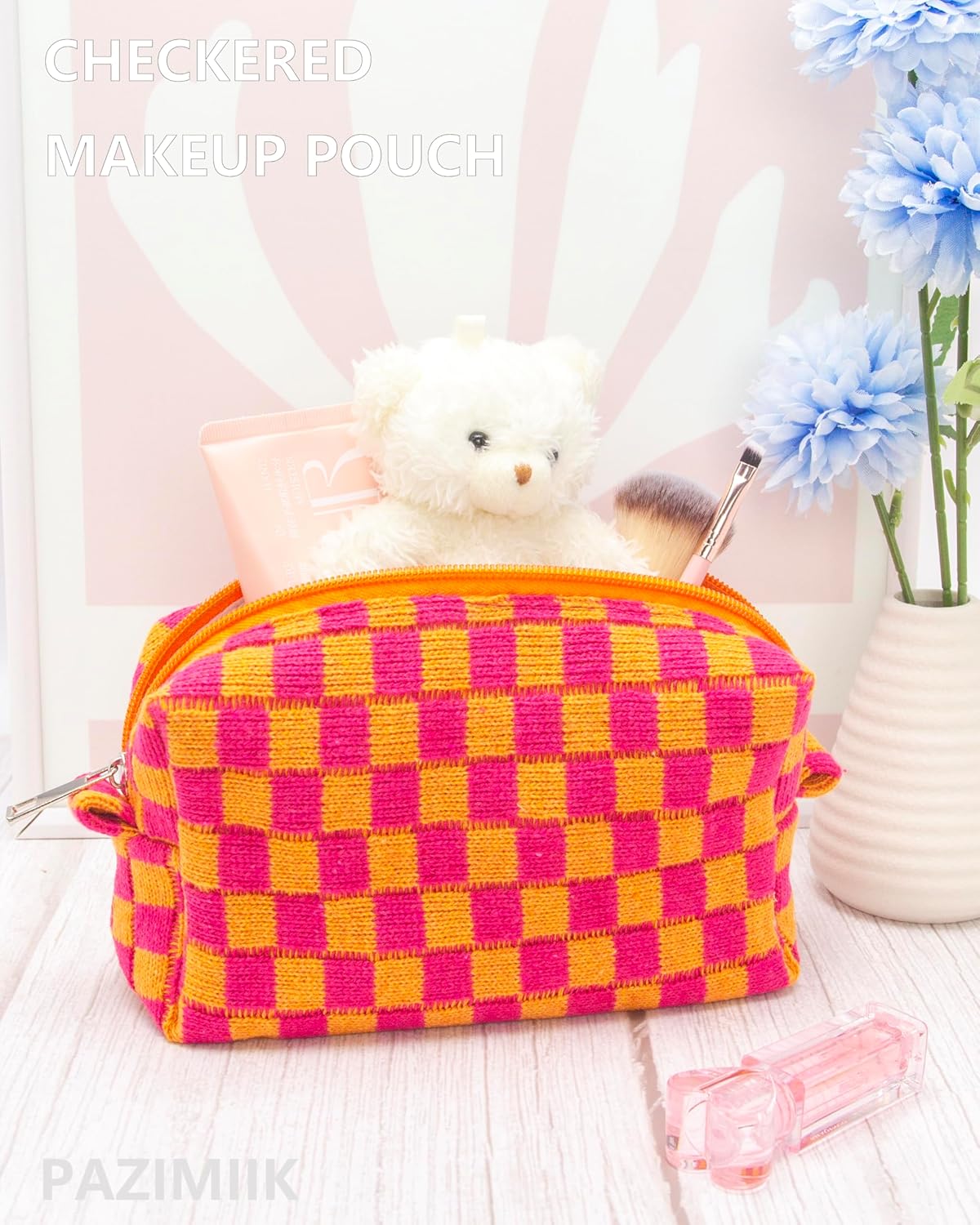 PAZIMIIK 6PCS Checkered Makeup Bag for Purse Portable Zipper Make Up Pouch Small Cosmetic Case for Travel Red Orange