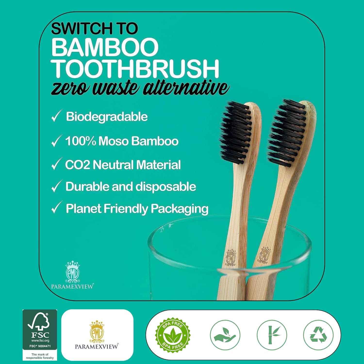Paramexview® Natural Bamboo Toothbrushes Set of 4 | BPA-Free Medium Bristles, Eco-Friendly | Biodegradable Handle, Charcoal Infused and Organic Base