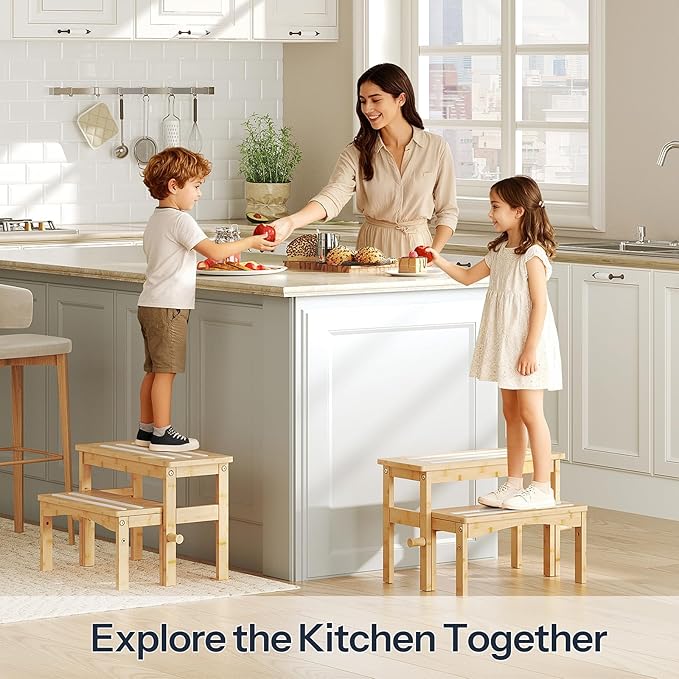 HOOBRO Wooden Step Stool for Toddlers, 2-in-1 Step Stool for Kids, Retractable Bamboo Stool with Anti-Slip Surface, for Bathroom Sink, Potty Training, Easy Assembly, Natural and White YL20JD01