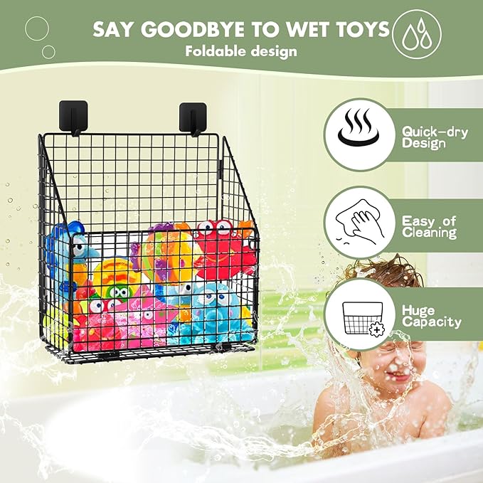 2 Pack Large Bath Toy Storage, Metal Bathtub Shower Toy Holder, Foldable bath Tub Toy Organizers Black, Bathroom Toy Storage with Drainage for Sorting Toys/Clothes/Toiletries