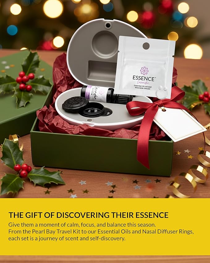 Essence Pearl Travel Case - Wearable Aromatherapy Kit with Nasal Diffuser Rings, Soaking Bay, and 5mL Essential Oil – Portable Wellness Gift Set for On?The?Go Self Care