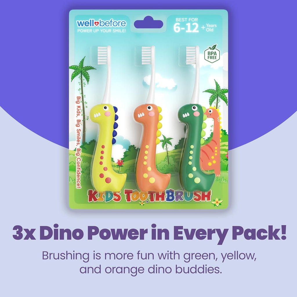 Well Before Dinosaur Kids Toothbrush, 0.12mm Soft Filament Toddler Toothbrush for Kids 6-12 Make Brushing Fun and Protect Kids Delicate Teeth (Pack of 3)