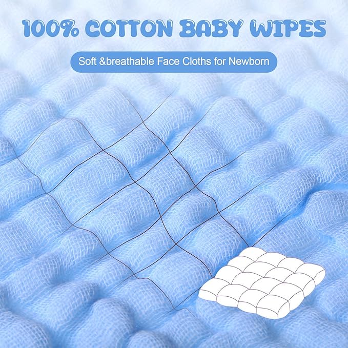 Breling 20 Pcs Baby Muslin Washcloth 12 x 12 Inch 100% Cotton Soft and Absorbent Muslin Washcloth Burp Cloth Wipe Newborn Face Towel for Baby Boy Girl Sensitive Skin(White, Light Blue, Blue)