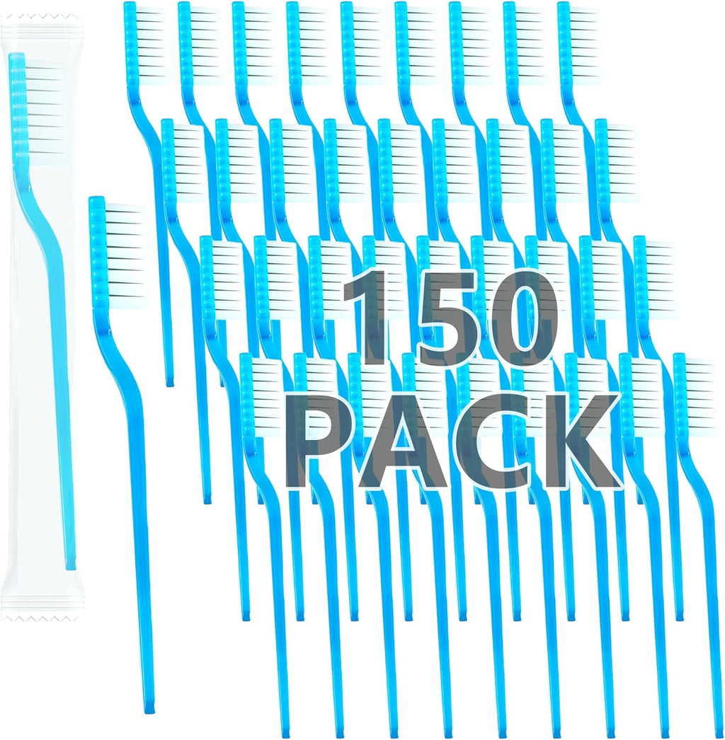 150 Pcs Prepasted Disposable Toothbrushes Aqua Blue Individually Wrapped Soft Bristle Plastic Waterless Toothbrushes Bulk for Adults Women Men Hotel Travel Homeless