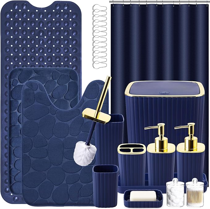 26PC Bathroom Accessories Set - Gorgeous Blue Bathroom Set, Bathroom Accessory Set, Navy Blue Shower Curtain Set with Bathtub Mats for Shower Tub