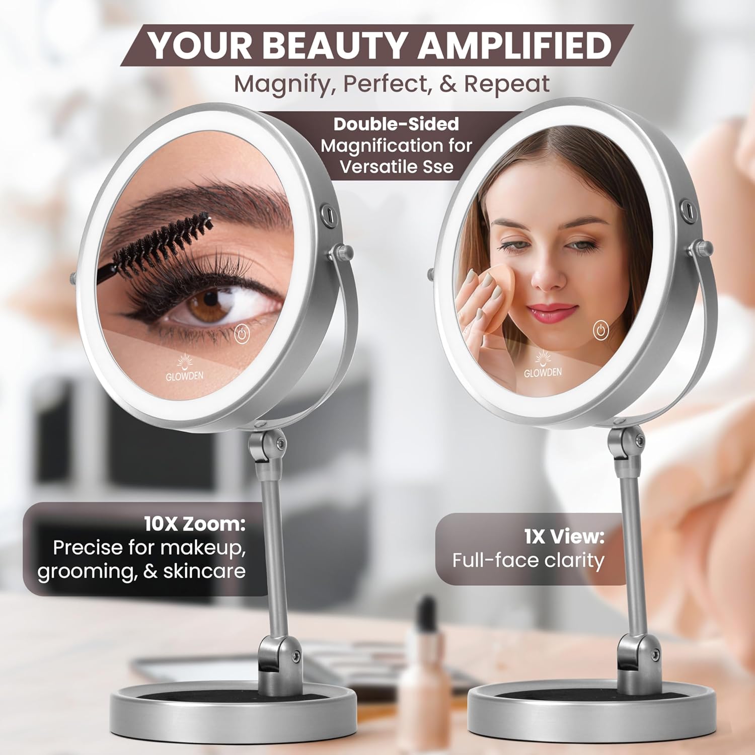 Smart 9" LED Light Makeup Mirror, Rechargeable, 1X/10X Magnifying Vanity Mirror with 3 Color Lights, Height Adjustable, Large Tall 360° Swivel Double Sided Standing Travel Mirror (Black)