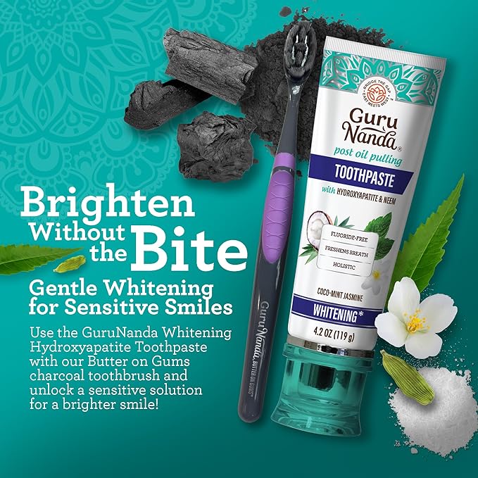 GuruNanda Butter on Gums Charcoal Toothbrush - 8000+ SoftexTM Bristles for Sensitive Teeth & Gums, Aids in Teeth Whitening, Extra Soft (6 Count)