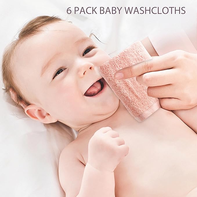 6 Pack Baby Washcloths 100% Cotton Terry Soft and Absorbent Wash Cloths for Face Hand Body Burp Rag Wipes Essentials for Newborns Infants Toddlers Boys Girls