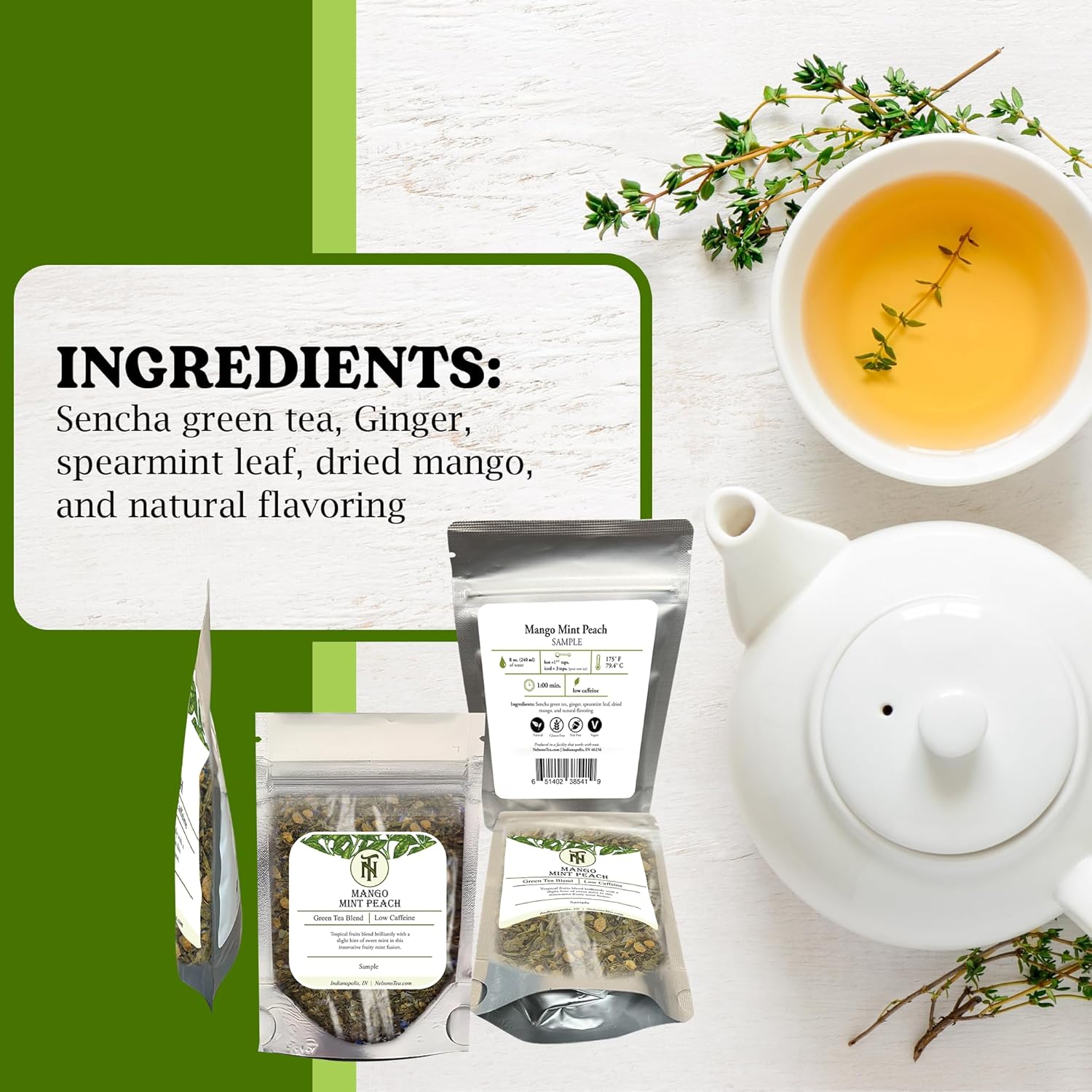 Nelson's Tea Mango Mint Peach - Sencha Green Tea with Ginger Root, Spearmint Leaf, and Dried Mango Loose Leaf Tea (Sample 0.4 Oz)