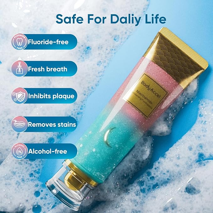 BodyAccel Niacinamide Toothpaste – Whitening & Fluoride-Free, Fresh Breath & Healthy Gums, Removes Surface Stains, Natural Peach Flavor (2 Pack)