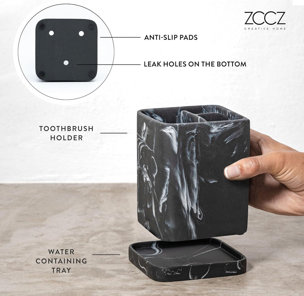 zccz Toothbrush Holder, Countertop Marble Look Electric Toothbrush Toothpaste Makeup Brush and Razor Holder Stand Bathroom Organizer with Detachable Tray