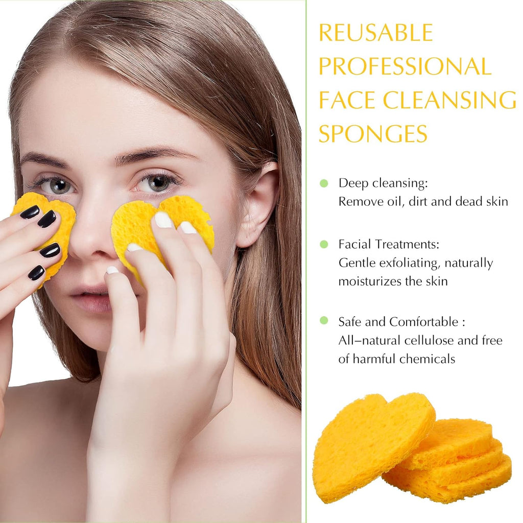 Nuenen 60 Pieces Facial Sponges with Container, Heart Shape Compressed Face Sponges Natural Cleaning Pads for Washing Face Cleaning Exfoliating Esthetician Makeup Removal(Yellow)