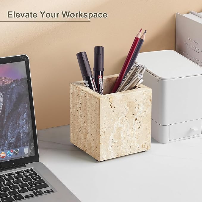 Real Natural Travertine Marble Toothbrush Holder & Pen Holder & Makeup Brush Holder & Utensil Holder, Genuine Stone Rectangular Bathroom Tumbler Cup, Durable Office & Home Countertop Organizer