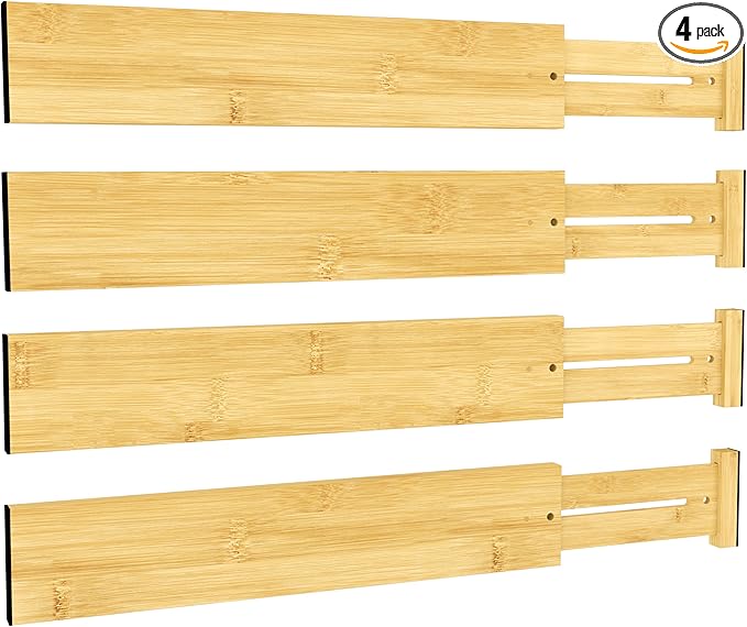 BAMEOS 3" H Large Bamboo Drawer Dividers Adjustable Drawer Organization Expandable Utensil Organizers for Kitchen Dresser Bathroom Bedroom and Office 4-pack