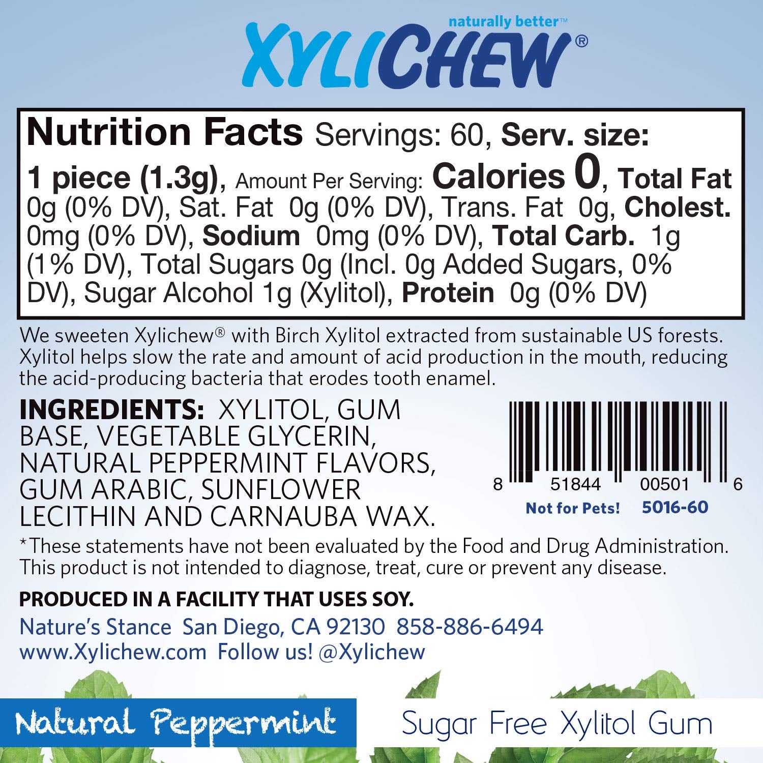 Xylichew 100% Xylitol Chewing Gum - Non GMO, Non Aspartame, Gluten Free, and Sugar Free Gum - Natural Oral Care, Relieves Bad Breath and Dry Mouth - Peppermint, 240 Count
