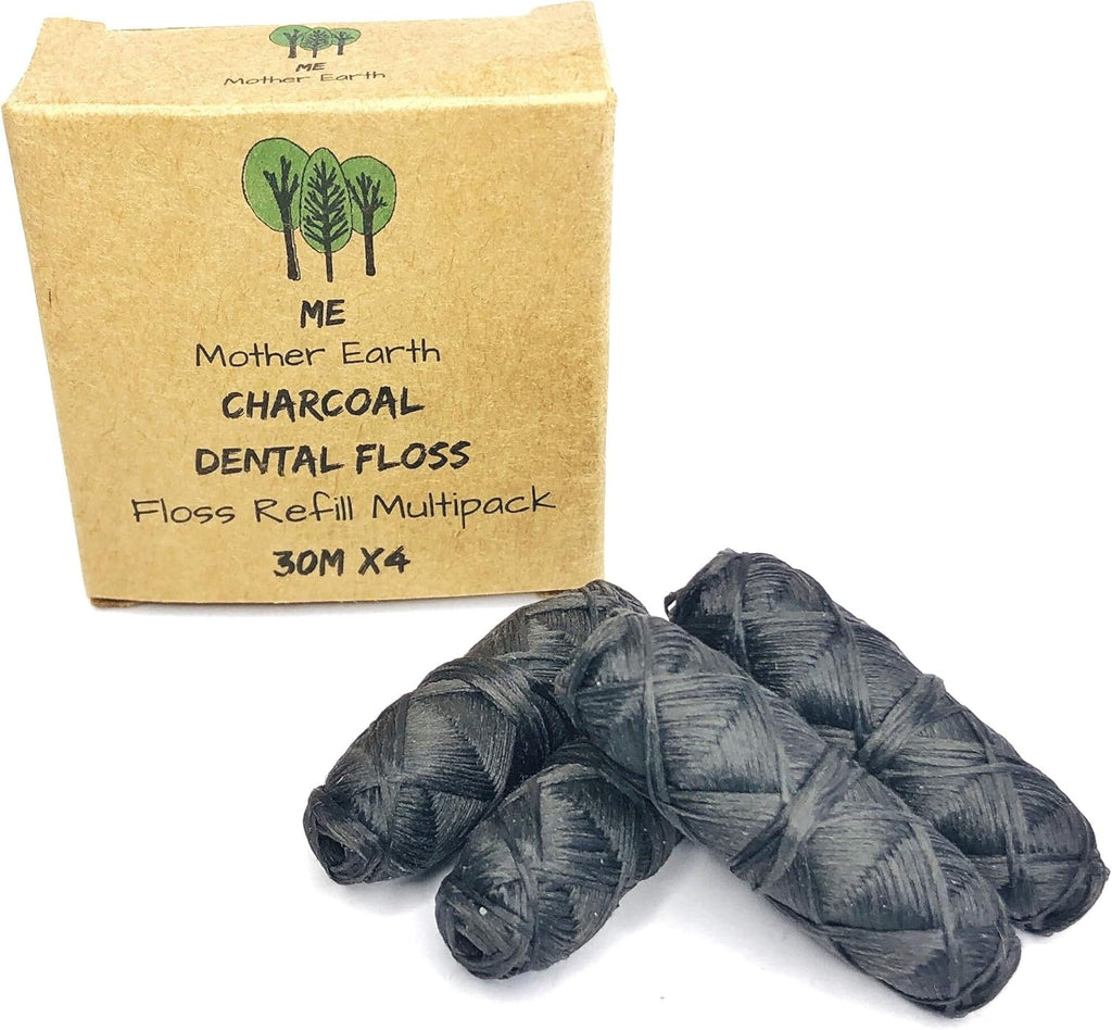 Vegan Biodegradable Bamboo Charcoal Dental Floss Refill Refill | Natural Candelilla Wax | 30M x4 | Peppermint Essential Oil | Eco Friendly Zero Waste Oral Care | 4 Pack
