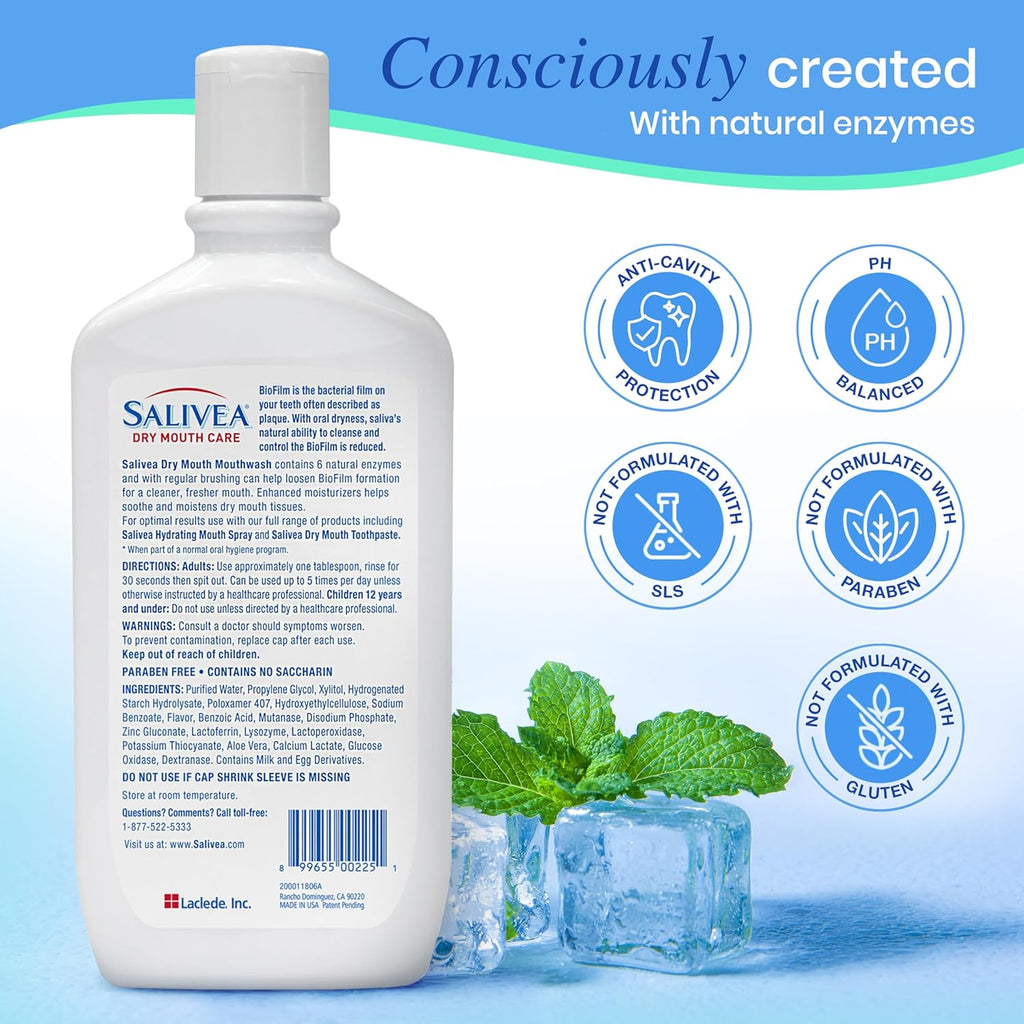 SALIVEA Dry Mouth Mouthwash - Soothing Mint Mouthwash with Natural Salivary Enzymes - Gentle Mouthwash to Aid Dry Mouth Care - Breath Freshener & Dry Mouth Care - Mint Flavor (16 oz Bottle)