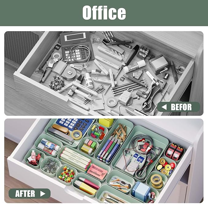 28 pcs Desk Drawer Organizer Tray, Multiple Sizes Plastic Drawer Organizer Storage, Stackable Organizer Containers For Makeup, Bedroom, Kitchen Gadgets Utensils and Office
