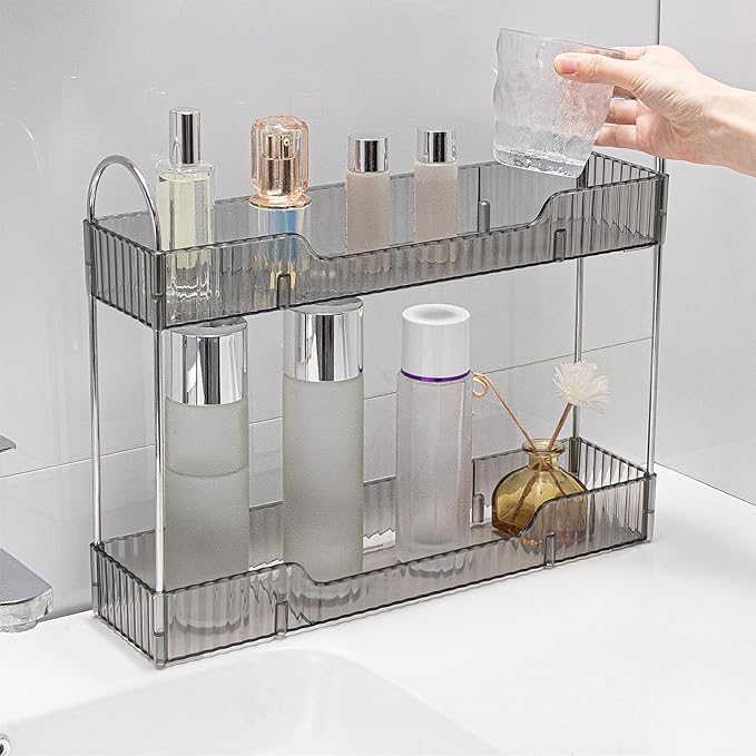 YCIA&DONE 2 Tiers Narrow Vanity Makeup Organizer, Bathroom Organizers Countertop Slim, Perfume Holder Skincare Storage Cosmetic Shelf Spice Rack, for Small Desktop Counter Space, Smoky Gray