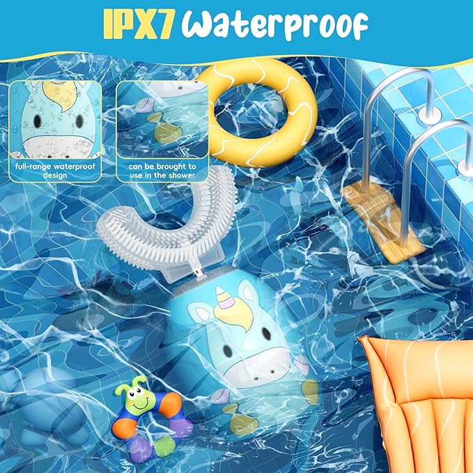 Kids U Shaped Electric Toothbrush 4 Brush Heads, Automatic Sonic Toothbrush Kids 2 Modes, Cartoon Design 360-Degree Cleaning IPX7 Waterproof,Pink