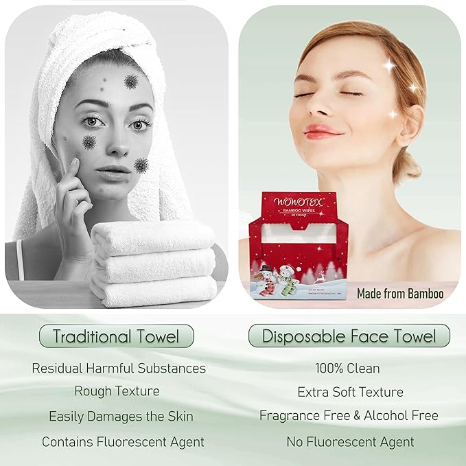 Christmas Style WOWOTEX Disposable Face Towel Biodegradable Large Dry Face Wipes 60 Count/1 Box Extra Thick Soft Clean Facial Towels for Sensitive Skin, Facial Cleansing, Nursing, 10"×12"