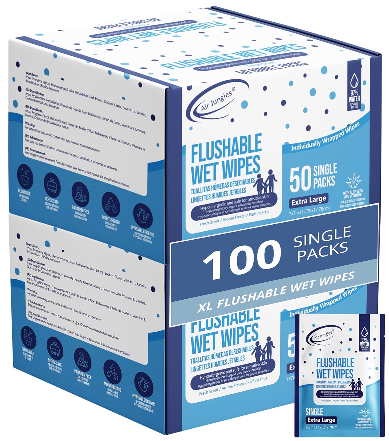 Air Jungles Flushable Wipes Individually Wrapped 50 Count (Pack of 2), with Aloe Vera & Vitamin E, Travel Size Wet Cleansing Wipes for Adult, Fresh Scent, Alcohol Free - XL 7 × 7 in