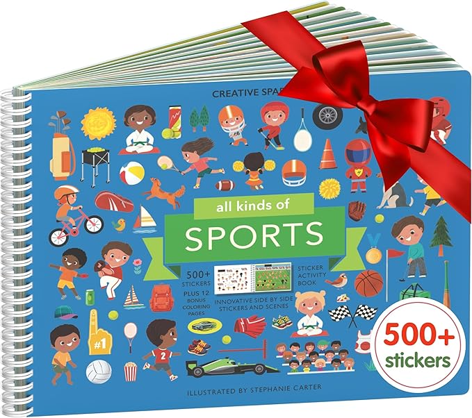 CUPKIN Sticker Book for Kids 2-4, 500+ Kids Stickers, All Kinds of Sports 12 Coloring Pages 12 Side by Side Scenes Fun Toddler Travel Activity Coloring and Sticker Books for Ages 4-8 + 8-10