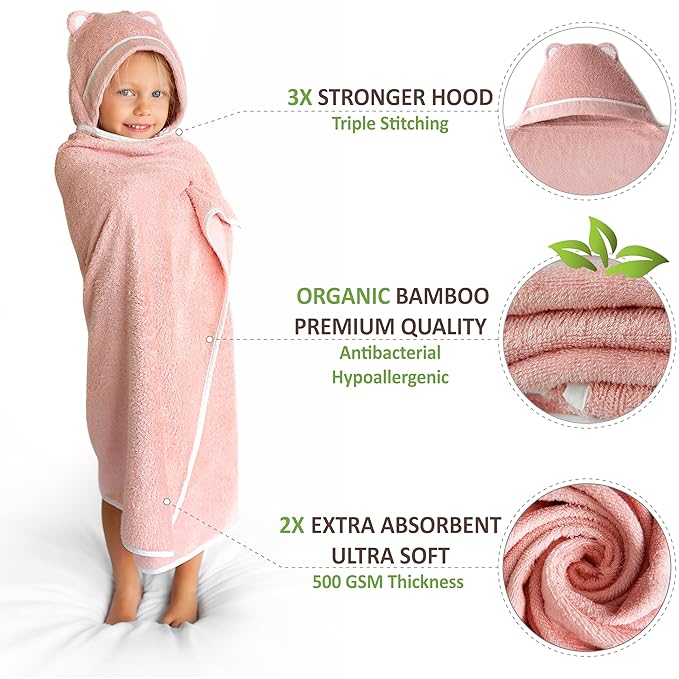 Premium Toddler Towels with Hood - Extra Soft Rayon from Bamboo Toddler Bath Towel (Pink)