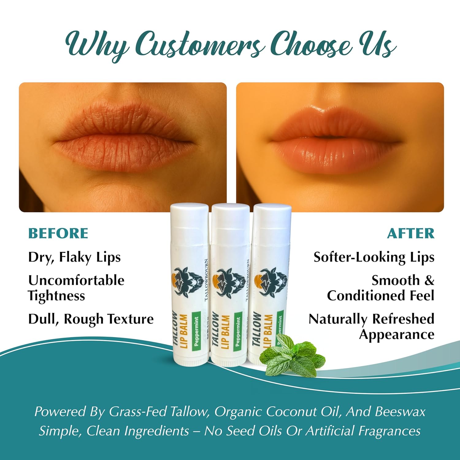 Moisturizing Tallow Lip Balm – Grass-Fed Beef Tallow with Organic Coconut Oil, Beeswax, and Vitamin E – Peppermint – Lip Balm Set – Travel Essential – 3-Pack