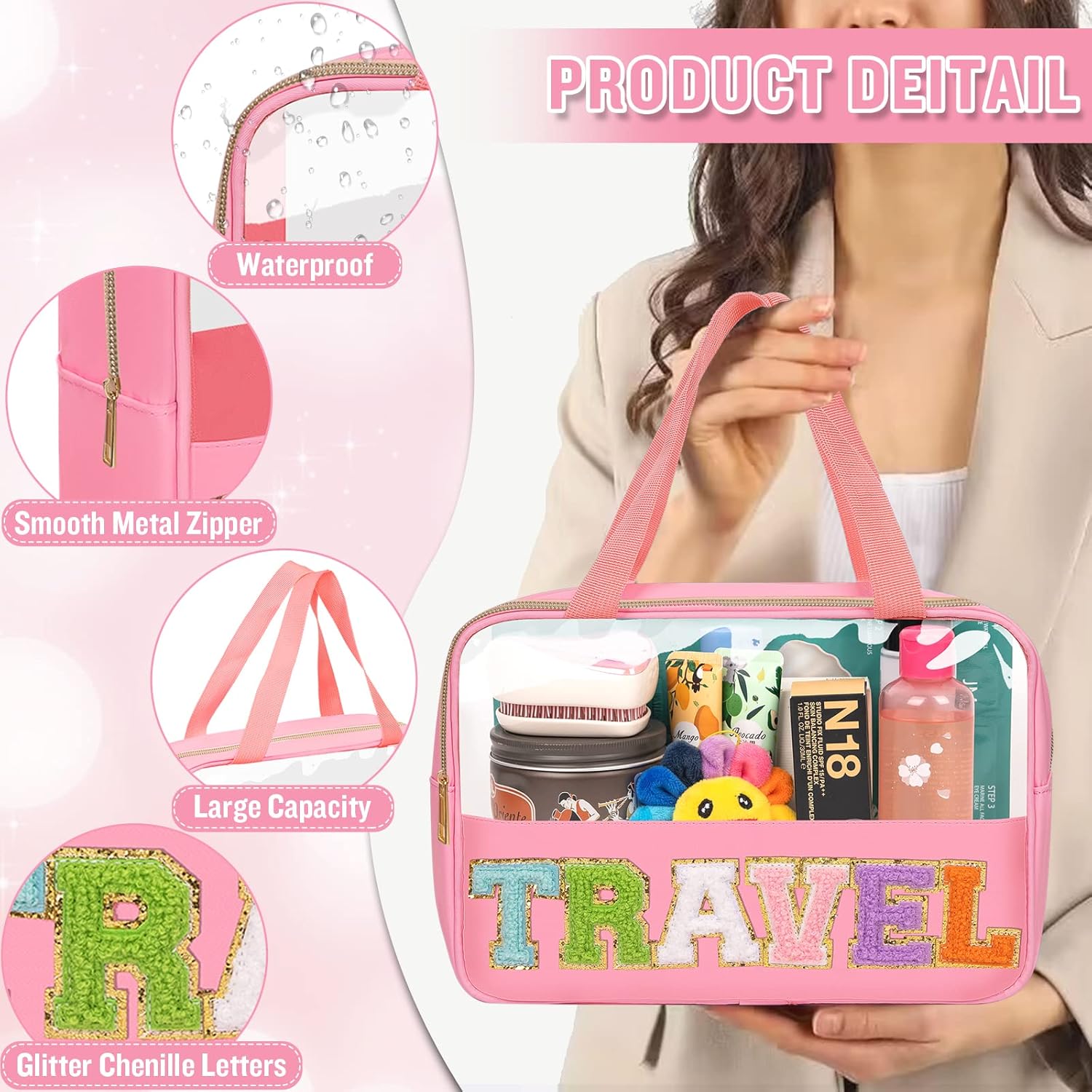 Preppy Clear Travel Makeup Bags with Chenille Letter Patches, Travel Essentials Large Clear Make up Bag Zipper Pouch with Handle, Waterproof Nylon Cosmetic Toiletry Storage Tote for Women(TRAVEL-Pink)
