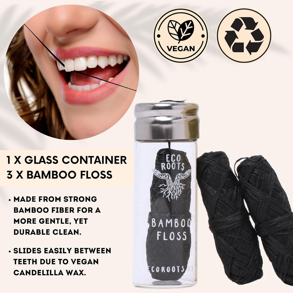Natural Bamboo Dental Floss: 1 Refillable Glass Container + 3 Biodegradable Bamboo Floss Refill (33 Yards Each), Eco-Friendly, Vegan, Non-Toxic Natural Floss - Refillable Zero Waste Black Thick Floss
