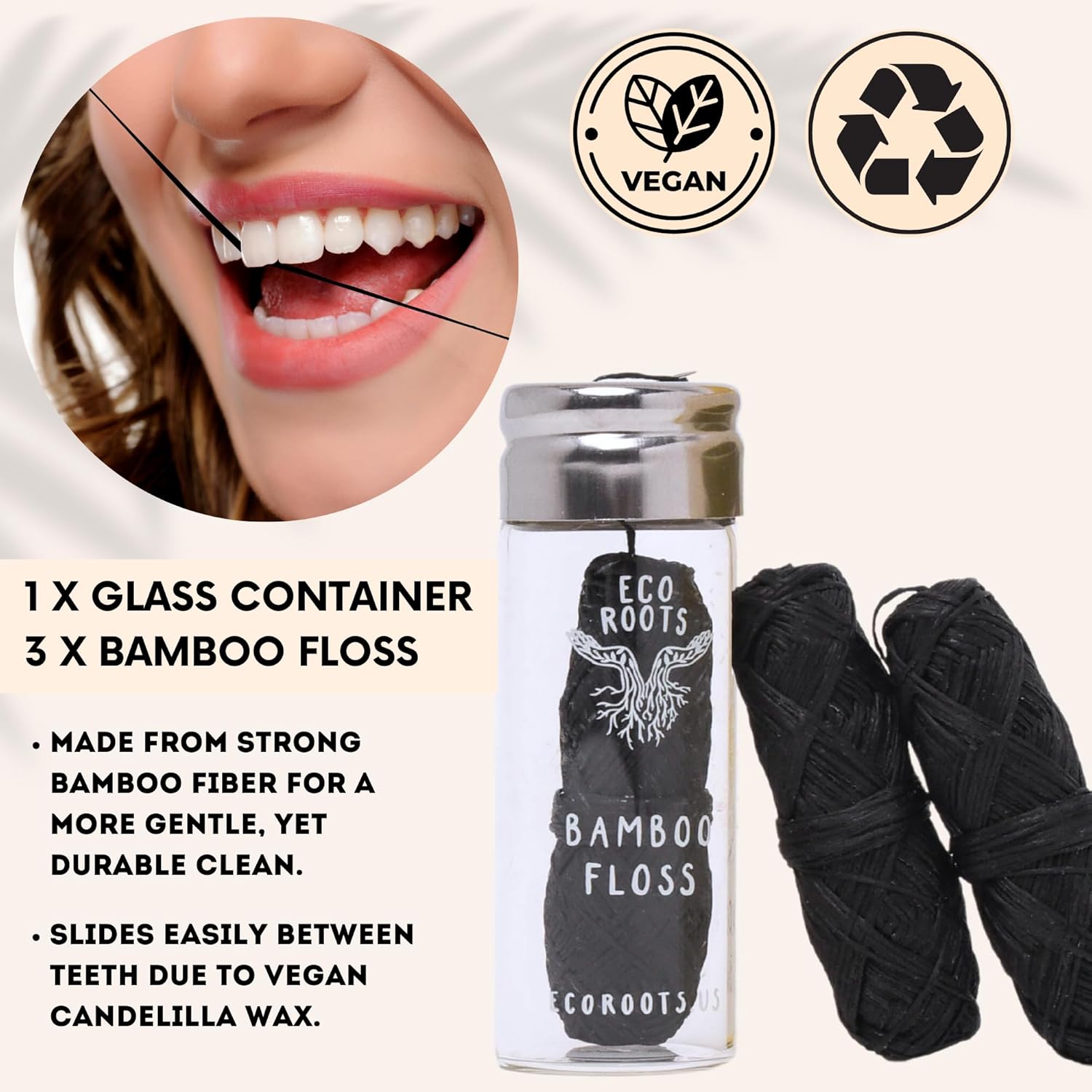 Natural Bamboo Dental Floss: 1 Refillable Glass Container + 3 Biodegradable Bamboo Floss Refill (33 Yards Each), Eco-Friendly, Vegan, Non-Toxic Natural Floss - Refillable Zero Waste Black Thick Floss