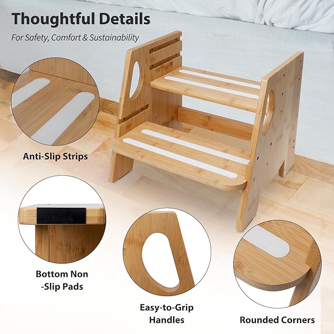 Wooden Toddler Step Stool for Bathroom Sink, Height-Adjustable, Luminous Anti-Slip Strips, Bamboo 2-Step Stool for Kids Adults, 300lbs, for Toilet Potty Training, Kitchen Counter, Bed