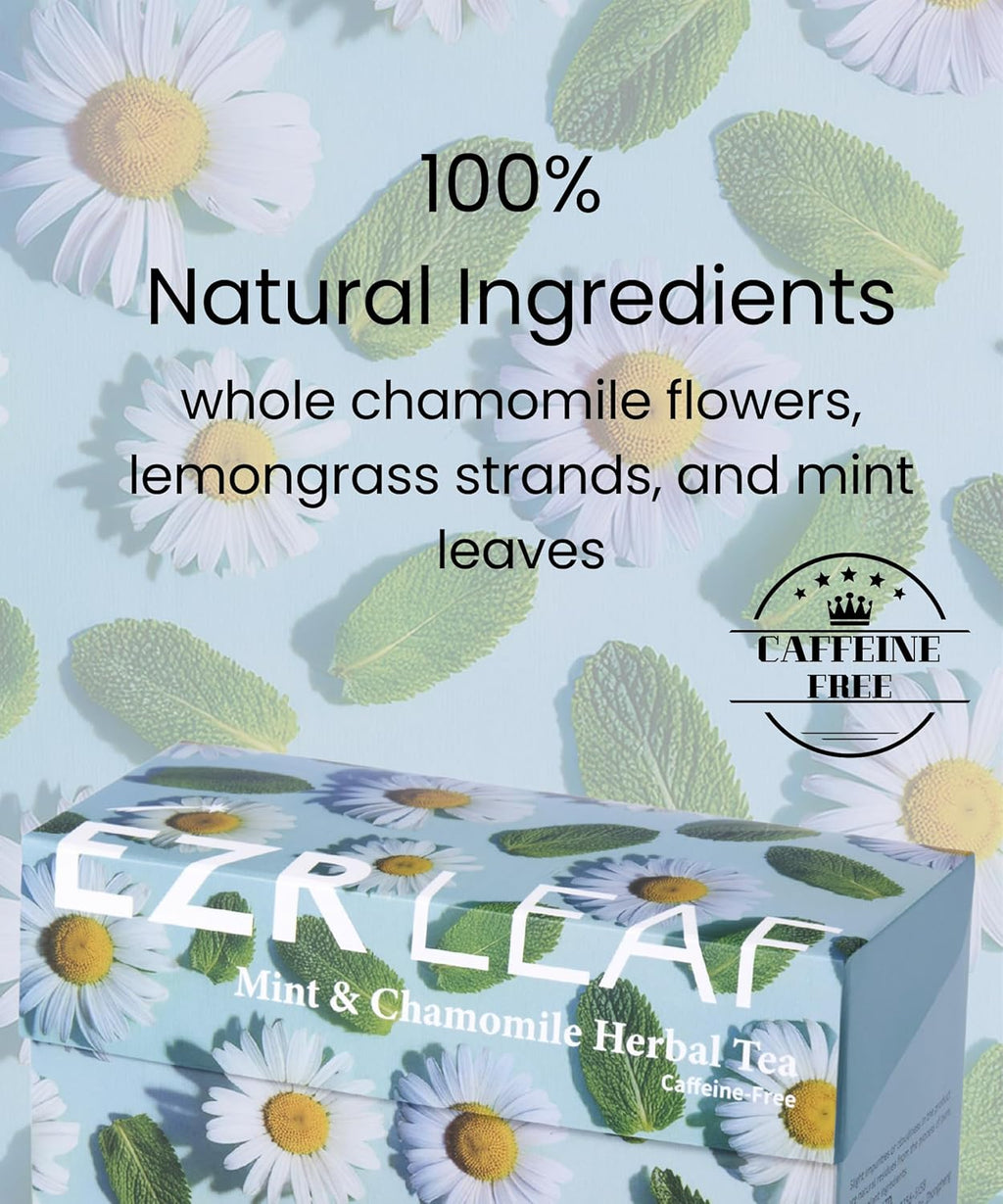 EZR Leaf Mint & Chamomile Herbal Tea 20 Pyramid Tea Bags 1.4 Once with Lemongrass Mint Leaves Caffeine Free Decaf Blend Natural Relaxing,Wellness Gift-Ready