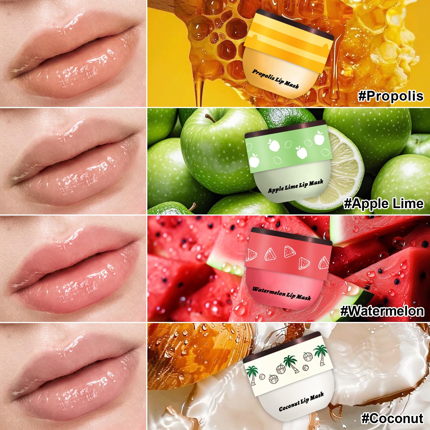 4 PCS Bee Lip Balm - Honey Watermelon Apple Coconut Lip Balm Sleeping Lip Mask Overnight with Sticks, Lip Exfoliating, Prevents Dry & Crack